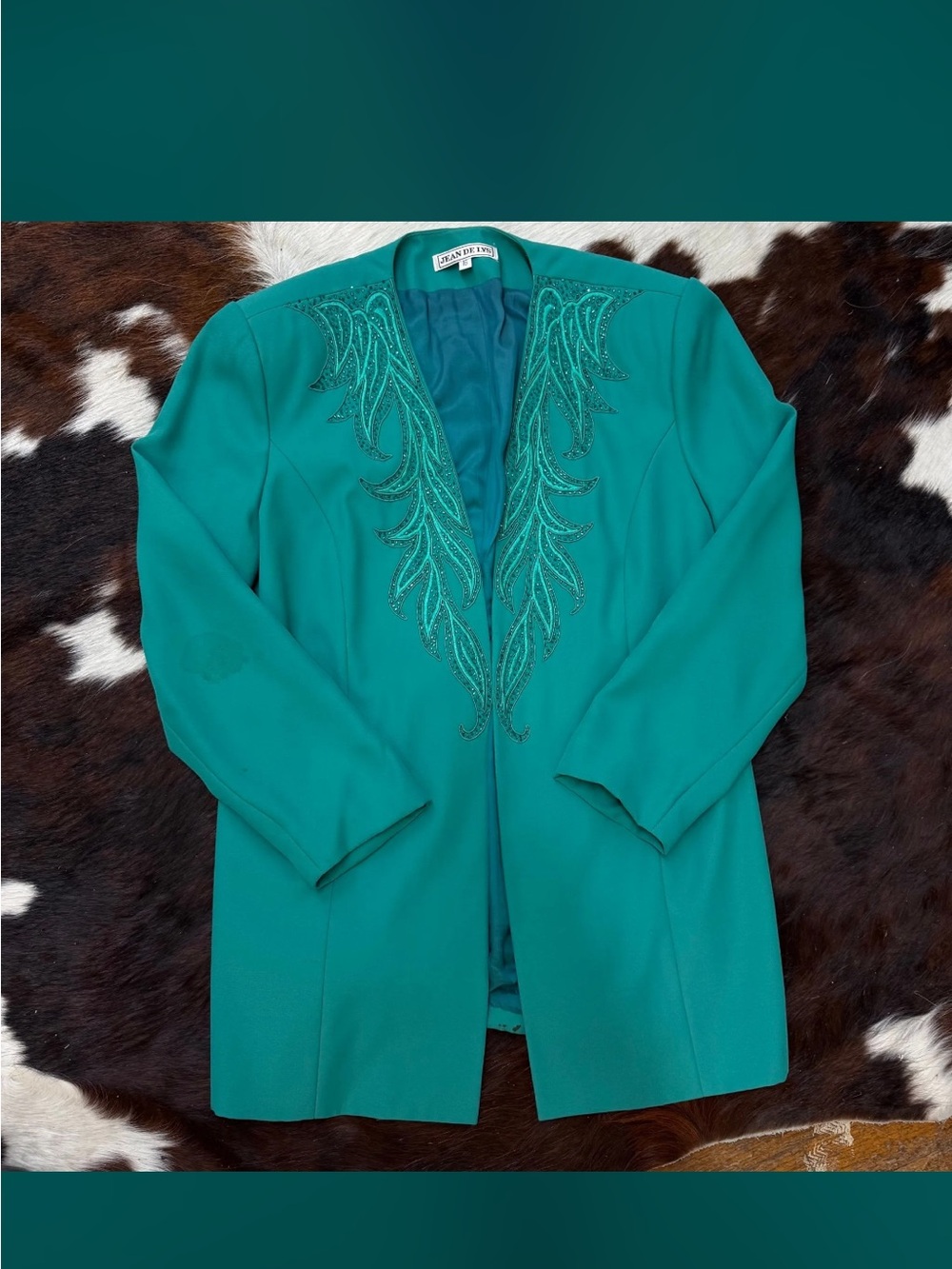 VTG 80s Sequins Embroidered Teal Blazer Jacket Angel Wings No Button Closure
